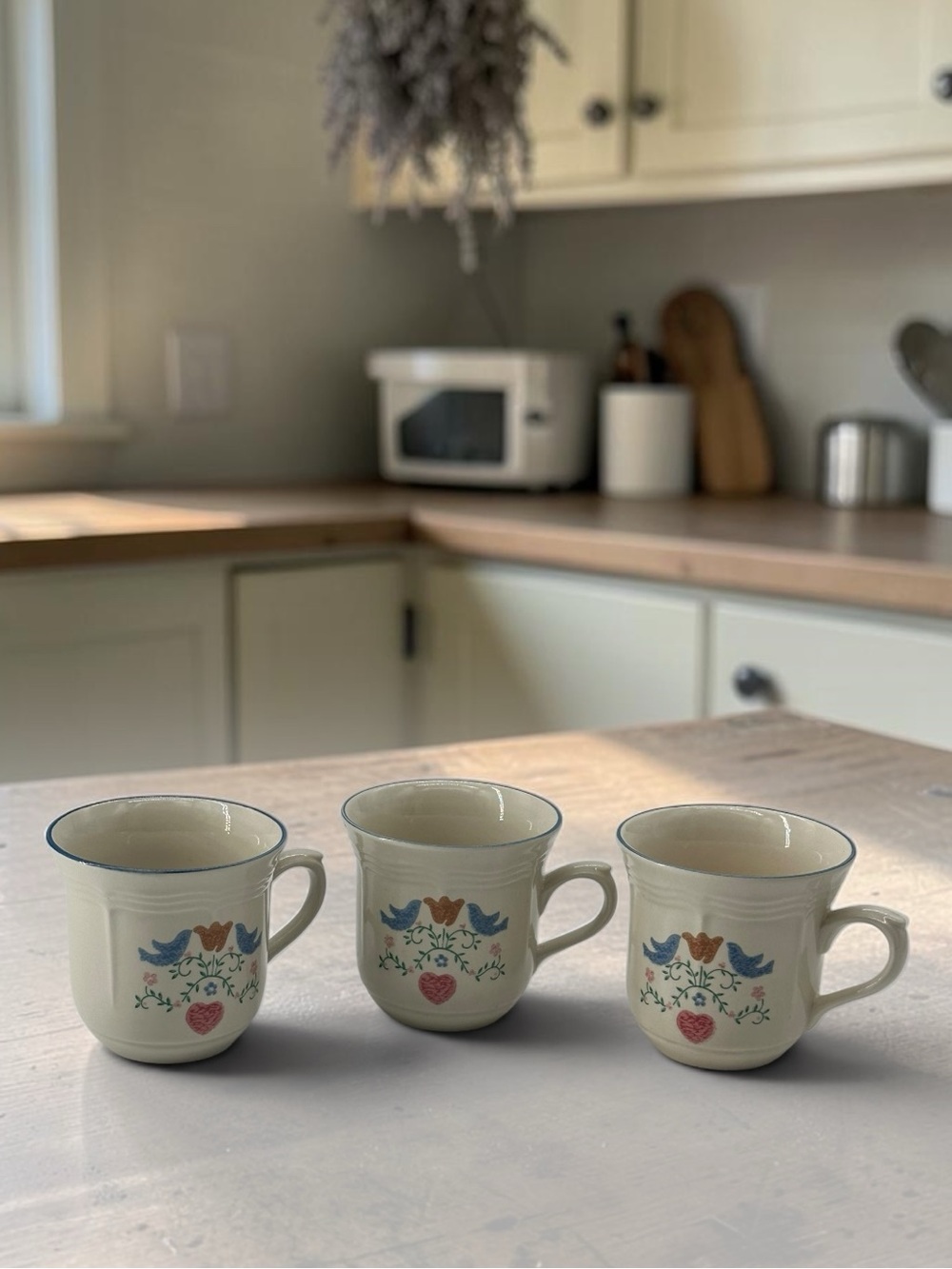 Vintage Newcor Homecoming Stoneware Mugs Set of 3 Blue Bird & Heart Cottagecore